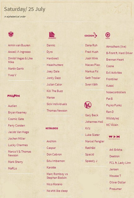 Tomorrowland 2015, Belgium (Boom) - Lineup 25 July/Lipiec (Saturday/Sobota)