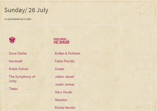 Tomorrowland 2015, Belgium (Boom) - Lineup 26 July/Lipiec (Sunday/Niedziela)
