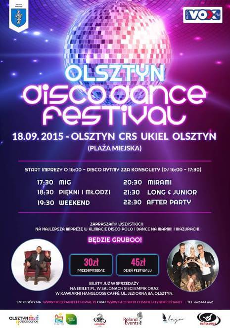 Olsztyn DISCO DANCE FESTIWAL 18.09.2015 - WEEKEND, Zespół After Party, Piękni i Młodzi, Mirami, Zespół Mig, Long & Junior