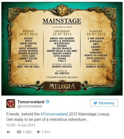 Tomorrowland 2015 - lineup na scenie Mainstage