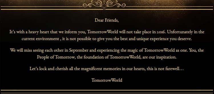 Tomorrowworld 2016 edycja, impreza odwołana