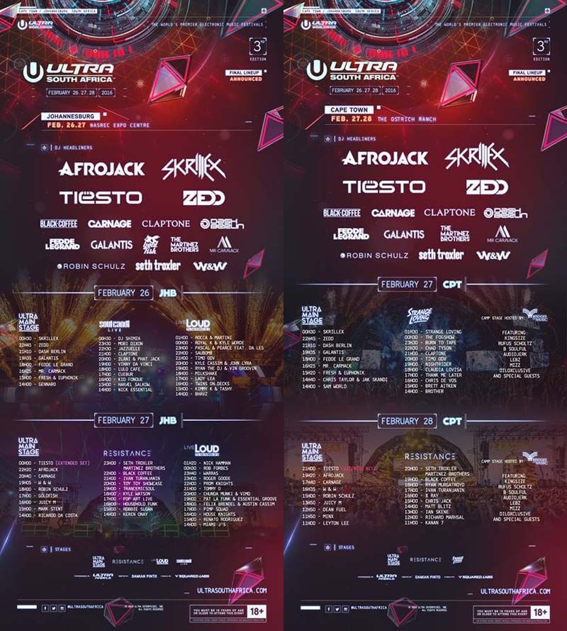 Ultra South Africa 2016 - TIMETABLE DJS