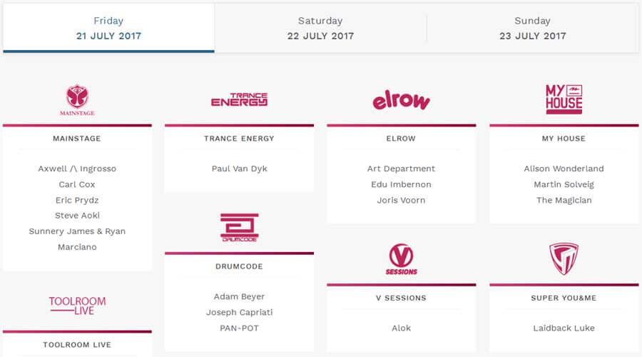 Tomorrowland, Boom - LINEUP DJs 2017