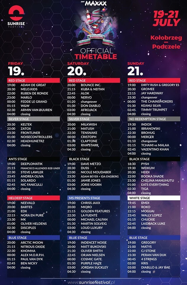 OFICJALNE TIMETABLE SUNRISE FESTIVAL 2019